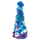 A tapered cone sample made using Zart Poly Cones, covered in layered blue, teal and purple tissue paper rosettes with pearl accents and silver star cut-outs. A crepe paper pom sits at the peak, with the cone's surface fully transformed by textured, colourful embellishments.