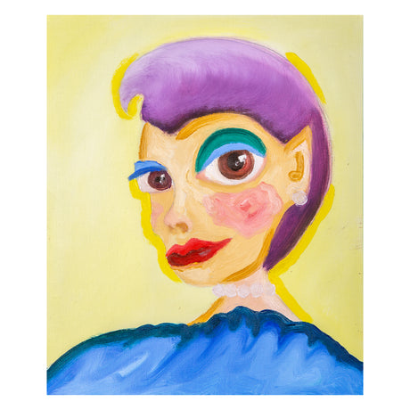 Colourful portrait painting created on a canvas board. The artwork shows a stylised face with large brown eyes, purple hair, green and blue eye shadow, pink cheeks and red lips. Thick paint strokes and visible brush marks show the textured canvas surface beneath the paint, highlighting colour layering and painterly texture.