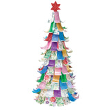 A tall cone-shaped Christmas tree crafted entirely from looped strips of Zart Washi Tape, layered in tiers of glitter, foil, and floral botanical patterns. Each strip curls outward at the tip, and a red glitter star sits at the top of the tree.