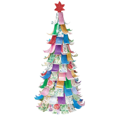 A tall cone-shaped Christmas tree crafted entirely from looped strips of Zart Washi Tape, layered in tiers of glitter, foil, and floral botanical patterns. Each strip curls outward at the tip, and a red glitter star sits at the top of the tree.