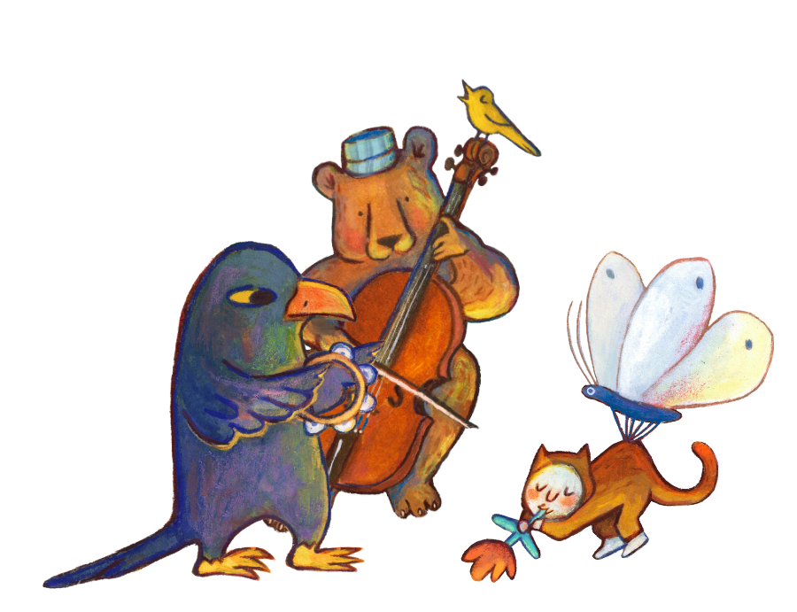 Hand-drawn characters including a bear playing a cello with a bird perched on it, a bird playing a tambourine, and a winged cat painting, arranged together on a white background (Zart Education Live Online with Briony Stewart).