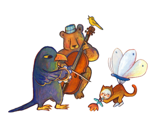 Hand-drawn characters including a bear playing a cello with a bird perched on it, a bird playing a tambourine, and a winged cat painting, arranged together on a white background (Zart Education Live Online with Briony Stewart).