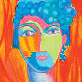 Colourful oil pastel portrait of a stylised face with blue hair and multicoloured skin, set against a vibrant orange background, showing bold shapes, expressive eyes, and layered, textured colour application.