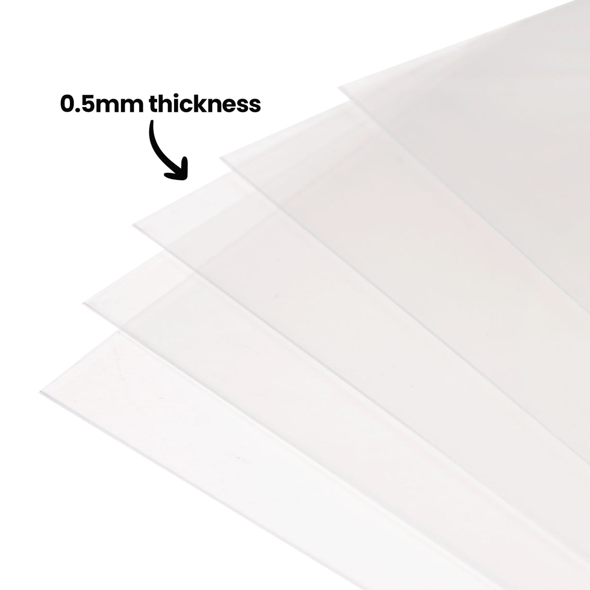 A fanned stack of transparent Zart Acetate Heavyweight Sheets on a white background, annotated "0.5mm thickness" with an arrow pointing to the layered edges. The clear sheets overlap to show their thin, flexible form and see-through quality.