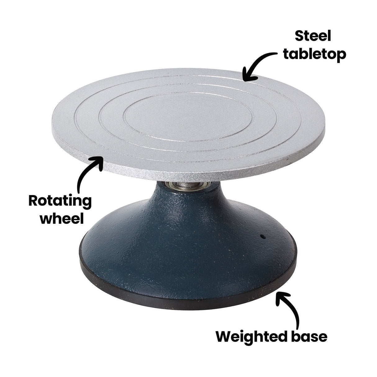 Pottery turning wheel featuring a circular grey steel tabletop with concentric ring detail, mounted on a dark blue weighted base with rotating wheel mechanism. Annotation text reads "steel tabletop", "Rotating wheel", and "Weighted base". The 18cm turntable provides a stable platform for clay work and ceramic decoration.
