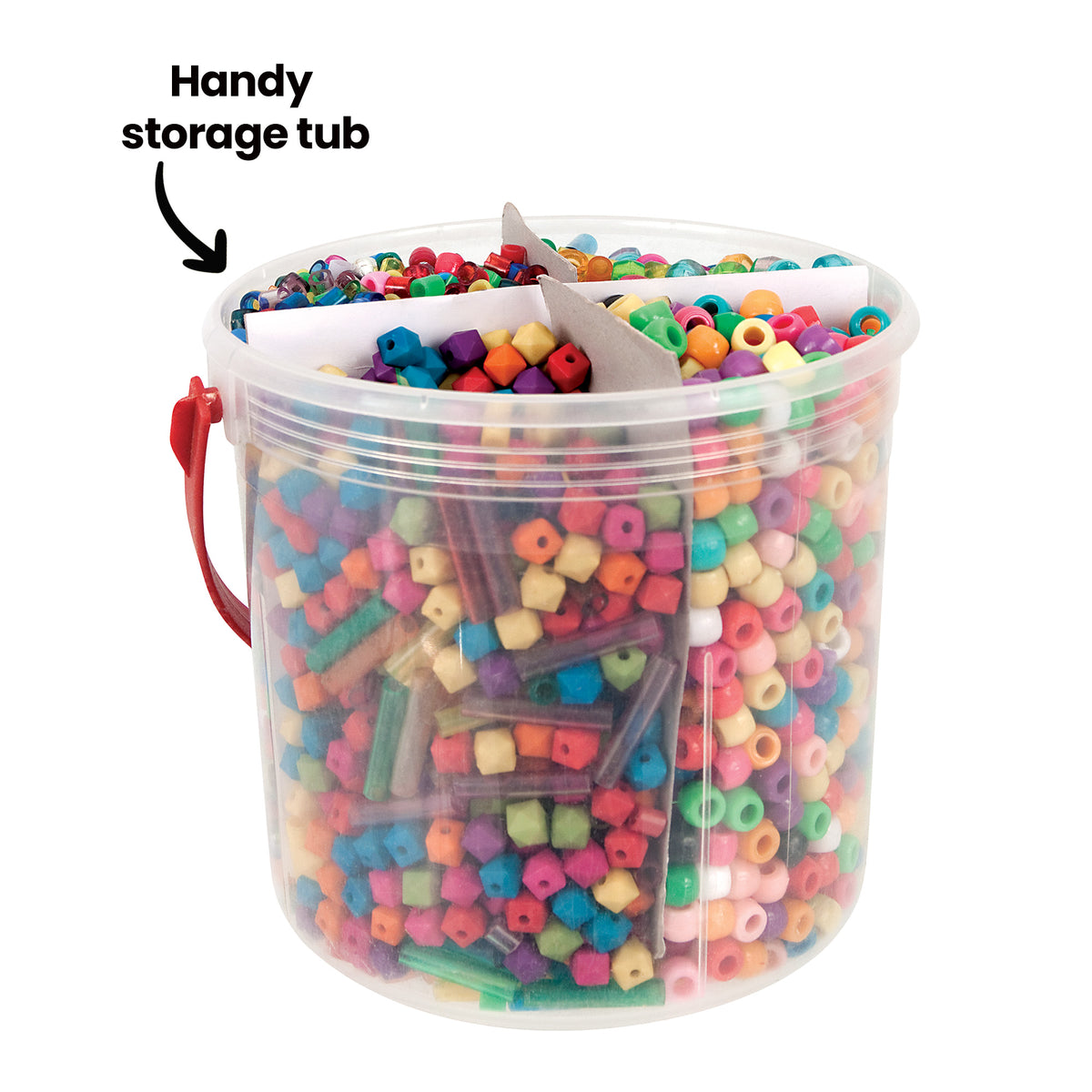 A clear plastic storage tub with a red carry handle, filled with Zart Basics plastic beads in assorted shapes and bright colours, divided into sections by card inserts. The annotation "Handy storage tub" with an arrow points to the container from the upper left.