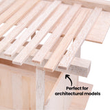 Close-up of balsa wood roof slats arranged in parallel lines. Surface reveals fine grain, subtle tonal variation, and a soft, slightly rough texture typical of balsa. Annotation text reads “Perfect for architectural models” with arrow pointing to the structure.