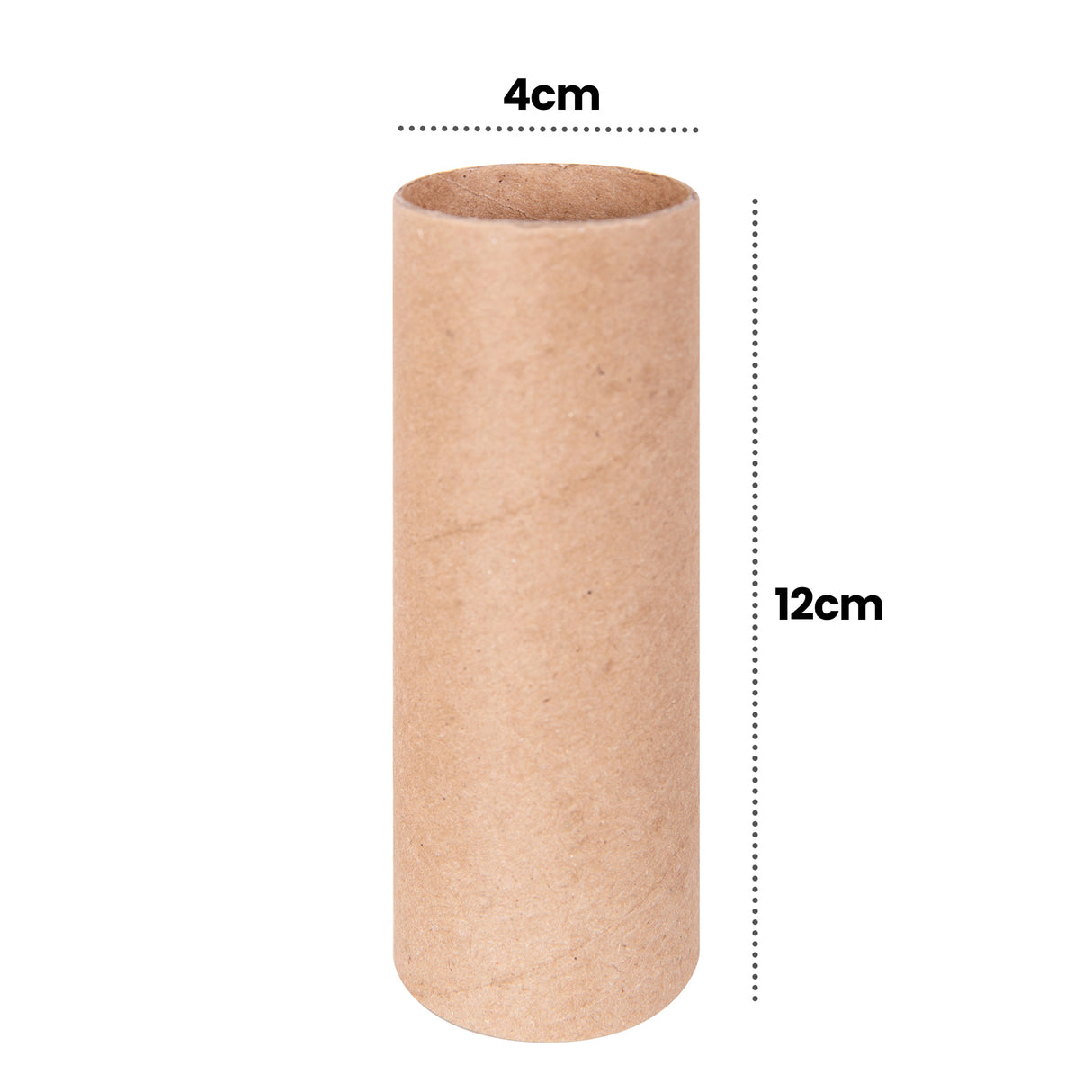 A single papier-mache tube is displayed vertically against a pale background with measurement annotations. Black text reads “4cm” across the opening diameter and “12cm” along the height, clearly showing the tube dimensions and cylindrical kraft cardboard construction.