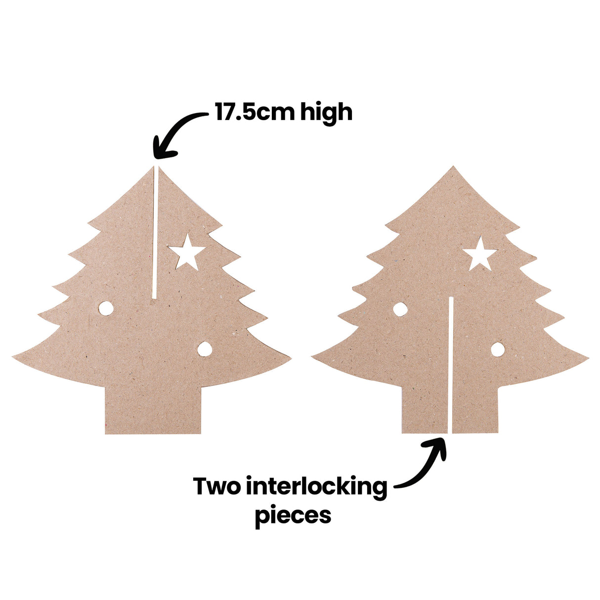 An annotated diagram of two Zart Papier-mache 3D Interlocking Christmas Trees in natural kraft brown card, labelled "17.5cm high" and "Two interlocking pieces". The left tree shows the pieces joined with a visible centre slot; the right tree displays them separated before assembly.