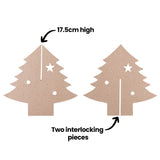 An annotated diagram of two Zart Papier-mache 3D Interlocking Christmas Trees in natural kraft brown card, labelled "17.5cm high" and "Two interlocking pieces". The left tree shows the pieces joined with a visible centre slot; the right tree displays them separated before assembly.