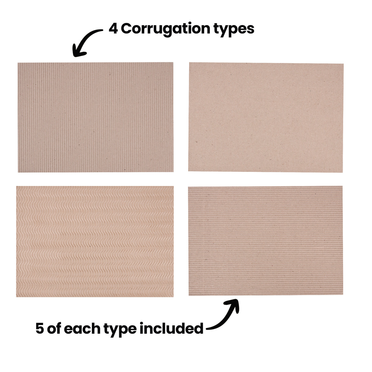 Four rectangular samples displayed in a grid with bold text reading 4 Corrugation types and 5 of each type included. Each sample shows a different cardboard texture: narrow vertical ridges, subtle linear grain, wavy corrugation, and fine horizontal fluting. Black arrows highlight examples.