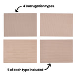 Four rectangular samples displayed in a grid with bold text reading 4 Corrugation types and 5 of each type included. Each sample shows a different cardboard texture: narrow vertical ridges, subtle linear grain, wavy corrugation, and fine horizontal fluting. Black arrows highlight examples.