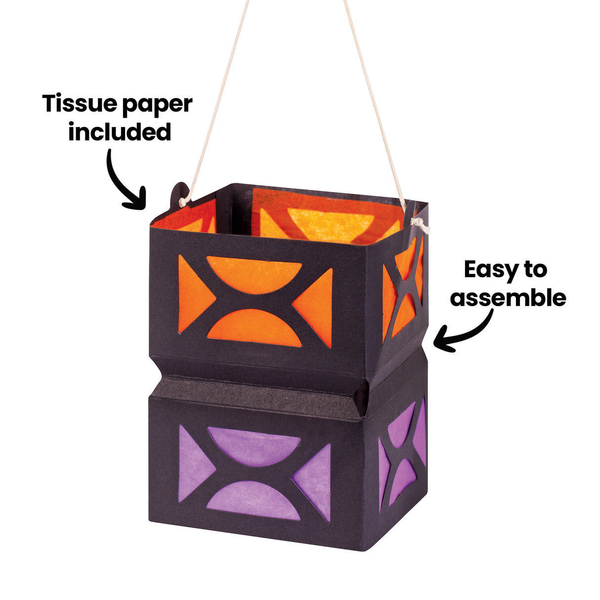An annotated image of a two-tier hexagonal Zart Giant Lantern in black card, with orange and purple tissue paper showing through triangle and circle cut-outs, hung by a cream cord. Labelled "Tissue paper included" and "Easy to assemble".