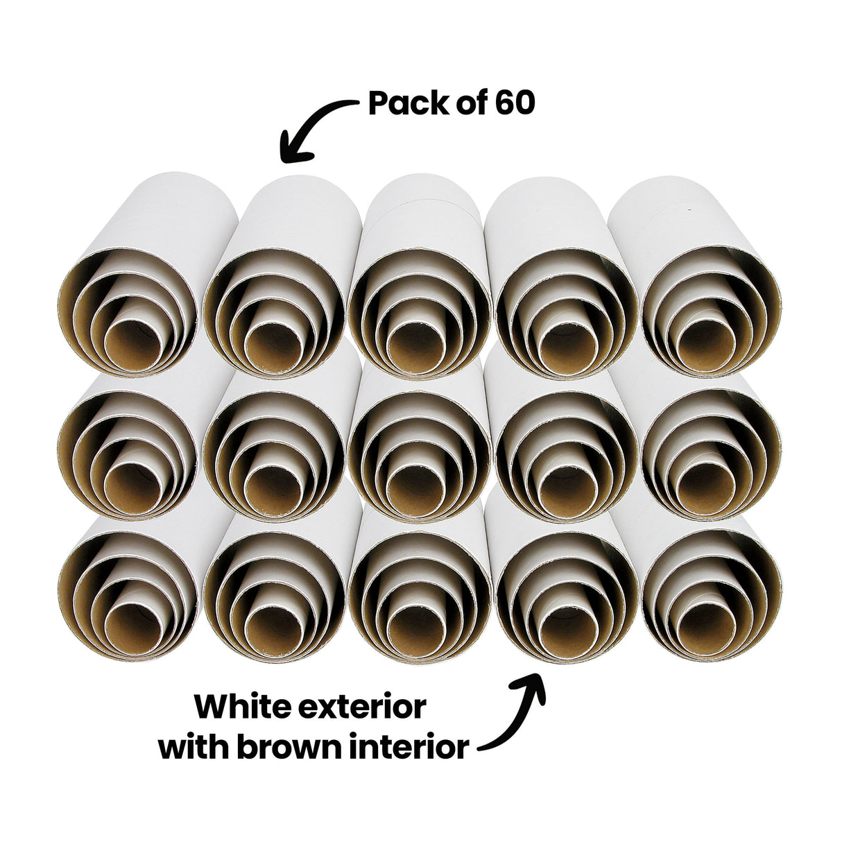 Multiple nested white cardboard tubes are arranged in rows against a light grey background. Black annotation text reads “Pack of 60” and “White exterior with brown interior” with curved arrows pointing to the tubes. The smooth white surfaces contrast with the visible brown cardboard interiors.