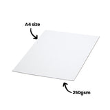 A single sheet of White Cardboard A4 (Pasteboard) is displayed on a pale background with black annotation arrows reading “A4 size” and “250gsm”. The smooth white surface and slim profile demonstrate the lightweight yet sturdy cardboard ideal for posters, stencils, construction and STEAM projects.