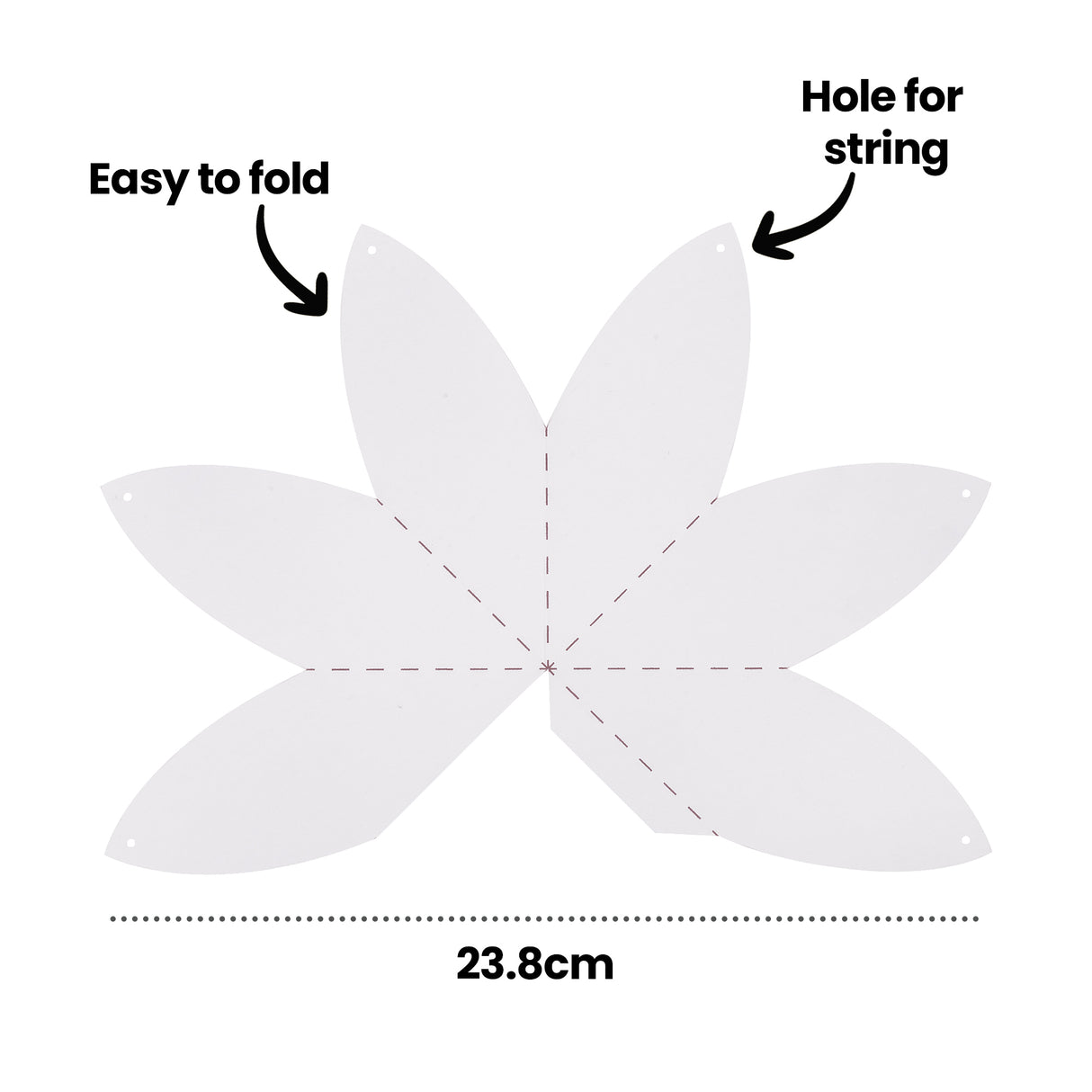 An annotated image of a flat, unfolded Zart Cardboard 3D Bauble template, star-shaped with six pointed petal segments and dashed fold lines radiating from the centre. Labelled "Easy to fold", "Hole for string", and "23.8cm", showing the pre-cut holes at each petal tip.