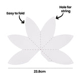 An annotated image of a flat, unfolded Zart Cardboard 3D Bauble template, star-shaped with six pointed petal segments and dashed fold lines radiating from the centre. Labelled "Easy to fold", "Hole for string", and "23.8cm", showing the pre-cut holes at each petal tip.