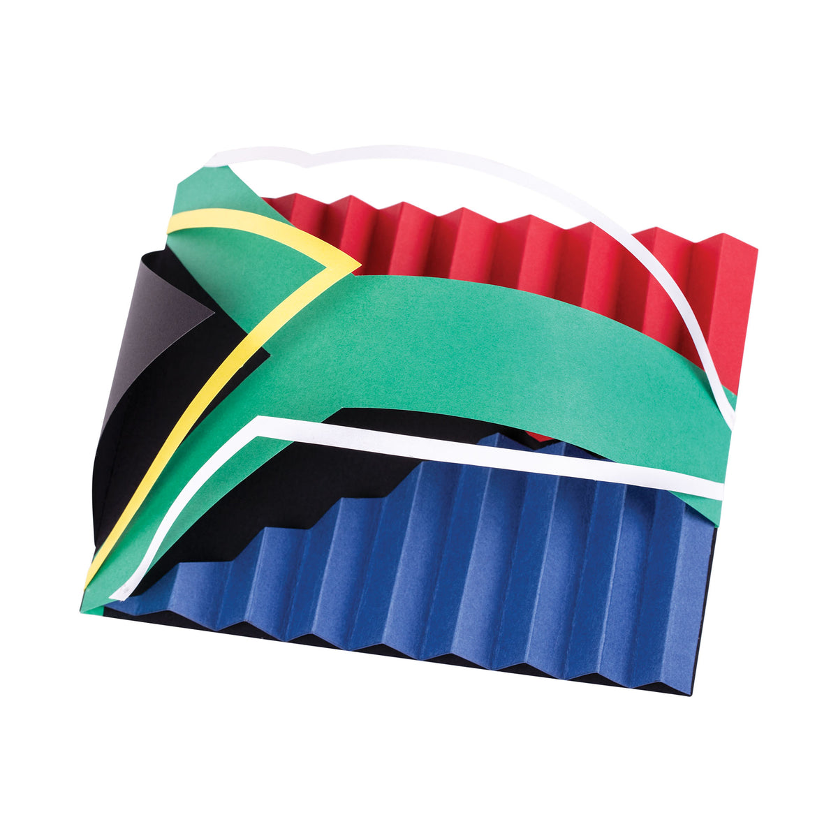 A layered card sculpture in black, gold, green, white, red and blue, built from strips of Zart coloured card from the Australian Flag Colours pack. Ridged, concertina-folded red and blue sections form the upper and lower halves, with a curved green band bordered in white and gold sweeping diagonally across a black panel.