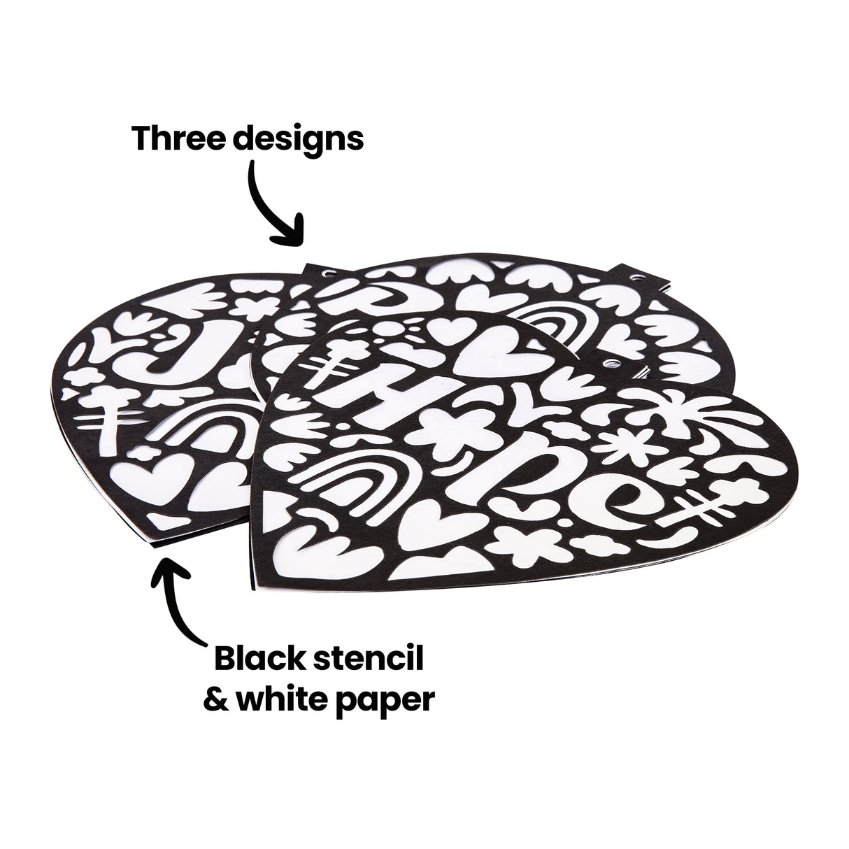 Three black stencil layers from the Zart Stained Glass Wellbeing Baubles range, fanned out to show "Joy", "Hope" and "Peace" cut-outs stacked together. Text overlay reads "Three designs" and "Black stencil & white paper", highlighting the two-piece construction of each bauble.