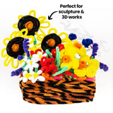 A flower basket sculpture made entirely from Zart Basics chenille stems, with the annotation "Perfect for sculpture & 3D works". A woven brown and orange basket holds bright blooms — black petals with orange centres, plus yellow, white and purple flowers on green stems.