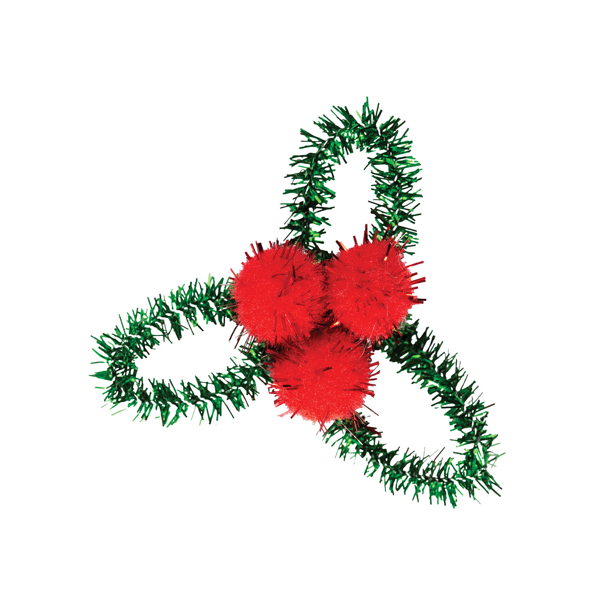 A three-loop clover shape made using Zart Basics Coloured Tinsel Stems in green, resembling a holly sprig. Three fuzzy red pom-poms cluster at the centre like holly berries, with the looped green stems forming leaf-like shapes radiating outward.