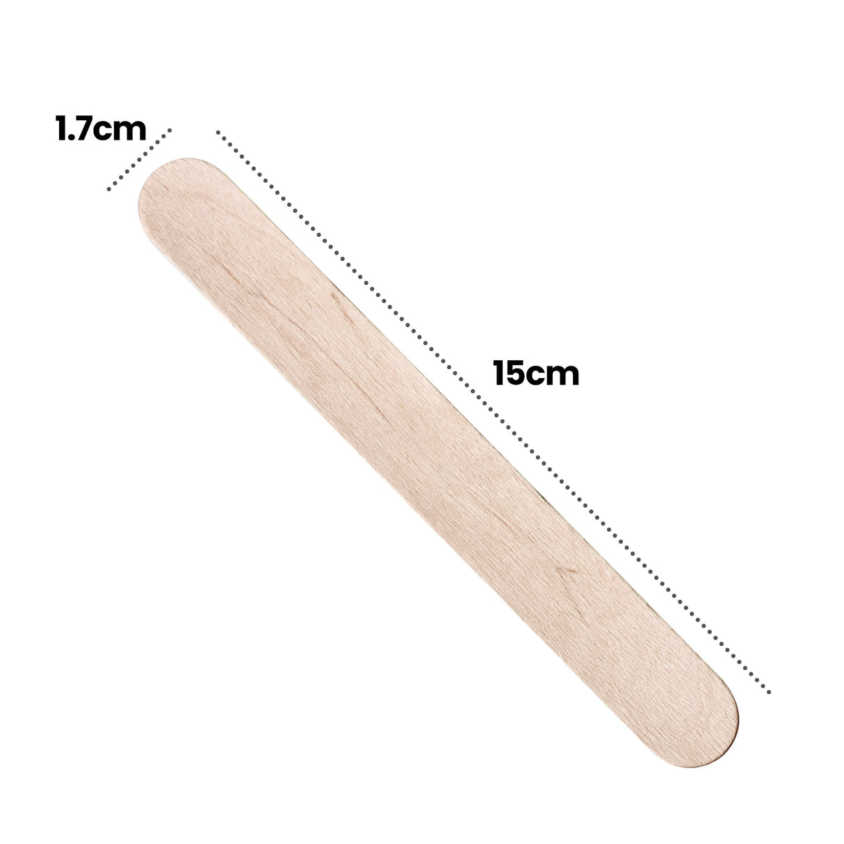 A single Popstick Natural - Giant wooden craft stick is shown diagonally on a pale grey background with black measurement annotations. Text reads “1.7cm” and “15cm”, connected by dotted guide lines. The smooth timber surface shows subtle natural wood grain and pale beige colouring.