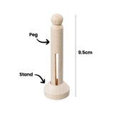 A single Zart Wooden Peg and Stand piece in natural timber, with labels identifying the ball-topped "Peg" section and the round "Stand" base. A dimension line marks the total height at 9.5cm.