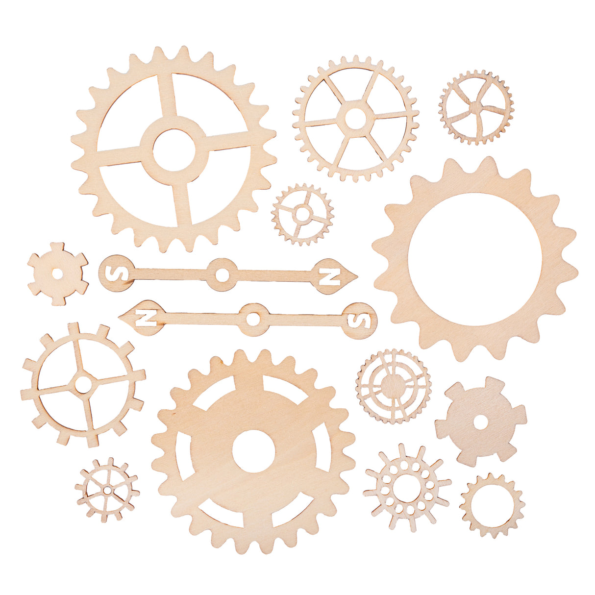 A selection of unfinished Zart Wooden Gears and Cogs Assorted pieces is neatly displayed on a pale background. The natural timber shapes include assorted gears, cogs and clock hands with detailed laser-cut edges, suitable for painting, collage, construction and STEAM-inspired classroom activities.