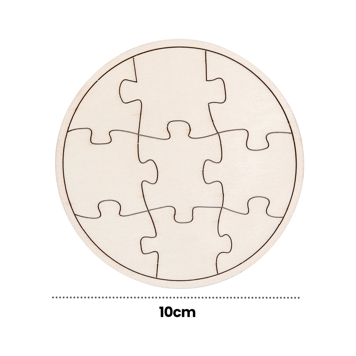 A single blank Zart Mini Jigsaw Round puzzle in natural wood tone, showing the plain scored piece outlines against the pale surface. A dotted line beneath indicates the 10cm diameter of the puzzle.