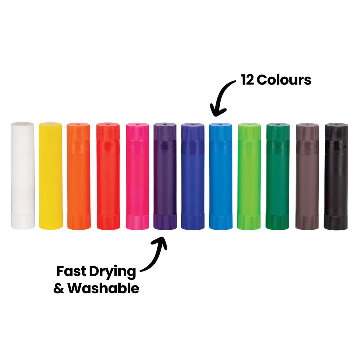 Row of 12 Zart Colour Slicks showing all colours included in the set arranged from white to black. Annotation reads “12 Colours” above one stick and “Fast Drying & Washable” with an arrow pointing to the row.