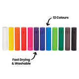 Row of 12 Zart Colour Slicks showing all colours included in the set arranged from white to black. Annotation reads “12 Colours” above one stick and “Fast Drying & Washable” with an arrow pointing to the row.