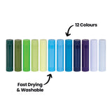 Row of twelve Cool Ocean Colour Slicks by Zart arranged from deep green through to white. Annotation at right reads “12 Colours” with an arrow, and another annotation below reads “Fast Drying & Washable”.