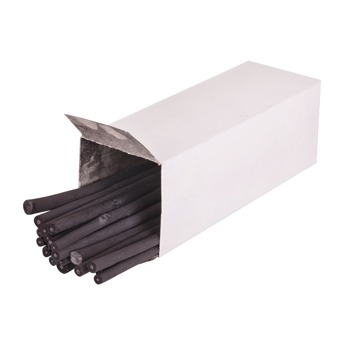 A white cardboard box resting on its side with one end open, revealing a bundle of natural willow charcoal sticks inside. The slim black sticks vary in thickness and length, their matte surfaces and uneven ends visible against the plain white packaging and background.