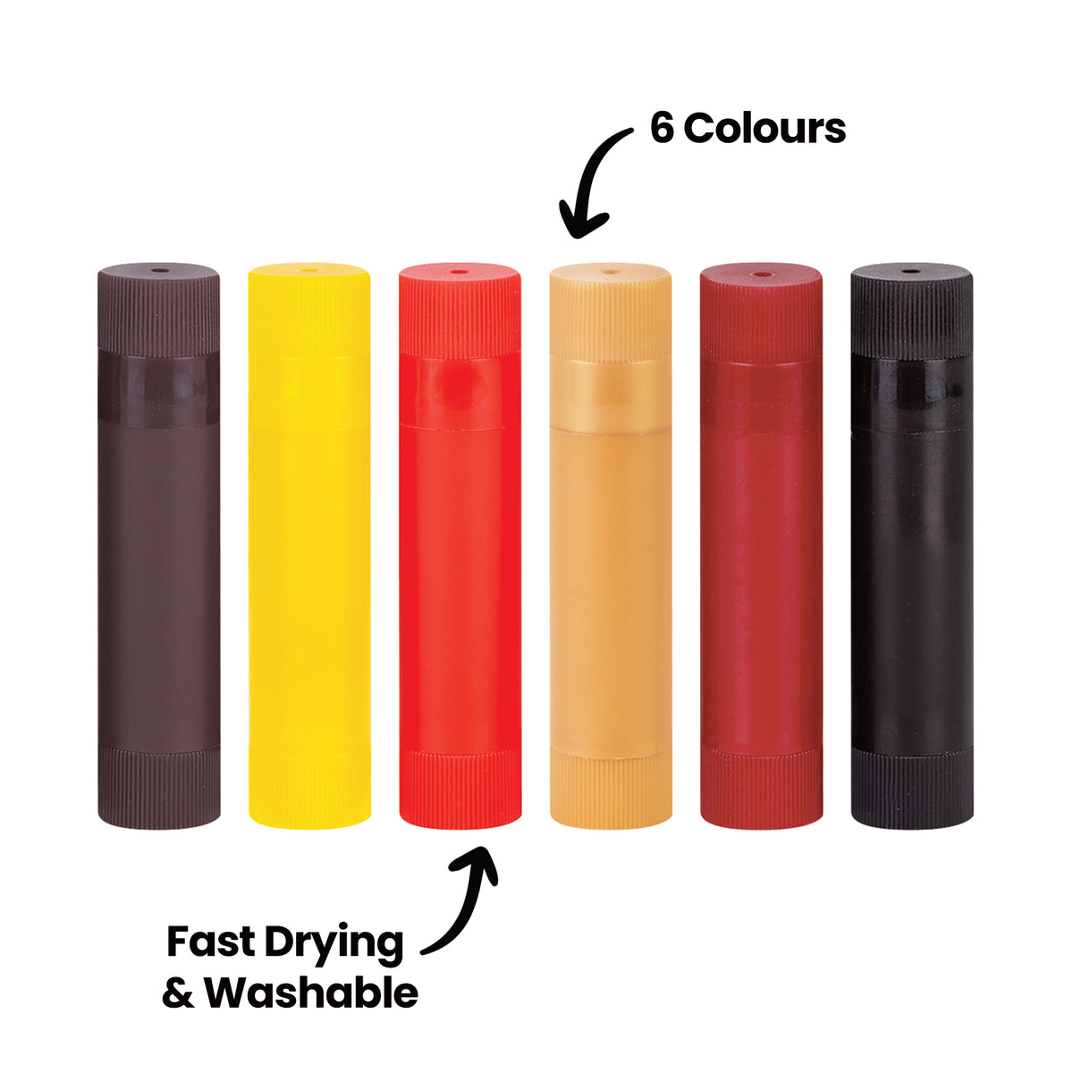 Six Ochre Slicks stand upright side by side in dark brown, yellow, red, tan, dark red and black, each with a ridged cap and base. The annotation "6 Colours" points down at the row with an arrow, while "Fast Drying & Washable" points up to the red stick specifically.