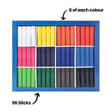 Classroom tray showing 96 Zart Colour Slicks sorted by colour into compartments. Annotation text reads “8 of each colour” at the top and “96 Slicks” at the bottom. Colours include white, yellow, orange, red, pink, purple, blue, green, brown and black.