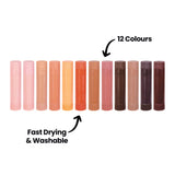 Row of 12 Zart Skin Tone Slicks in a full gradient from pale blush and peach through mid-tones to rich browns. Annotation reads “12 Colours” above one stick and “Fast Drying & Washable” with an arrow pointing upward.