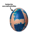 An annotated image of a dyed egg decorated with a geometric triangle and rectangle pattern in deep blue over a natural brown shell, created using Eco Colour Liquid Food Dyes. Labelled "Perfect for eco craft activities", highlighting the dye's suitability for egg decorating projects.