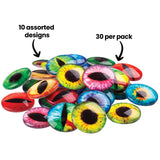 Collection of glossy dome-shaped Creature Eyes in vibrant colours including green, yellow, pink, blue, and red, featuring realistic iris and pupil designs with varied patterns. Annotation text reads 10 assorted designs and 30 per pack. Eyes scattered across white background displaying the range of creature eye styles available.