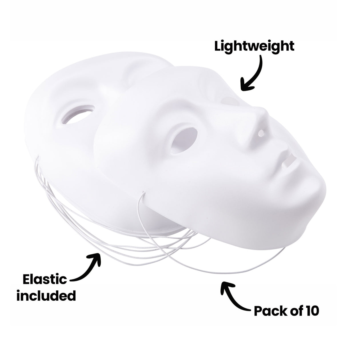 Two Zart White Face Masks stacked at an angle against a white background. Annotations read "Lightweight," "Elastic included," and "Pack of 10." The masks feature moulded facial detail with pre-attached elastic cords visible beneath the stack.