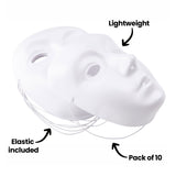 Two Zart White Face Masks stacked at an angle against a white background. Annotations read "Lightweight," "Elastic included," and "Pack of 10." The masks feature moulded facial detail with pre-attached elastic cords visible beneath the stack.