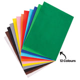 A fanned stack of Zart felt sheets in twelve colours, including white, brown, black, grey, yellow, pink, orange, red, sky blue, navy and two shades of green. Each sheet has a soft, matte, slightly fuzzy surface. A black annotation reads "12 Colours" with an arrow pointing to the fan.