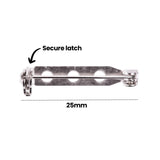 An annotated image of a Zart Brooch Back labelled "Secure latch" with an arrow pointing to the hinged clasp mechanism at one end, and "25mm" marking the length of the flat bar with its three pre-drilled holes below.