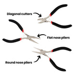 The three jewellery pliers with black arrows and labels identifying each pair: "Diagonal cutters" with angled cutting jaws, "Flat nose pliers" with tapered flat tips, and "Round nose pliers" with tapered cylindrical jaws. Each has black foam handles and red bands at the joint.