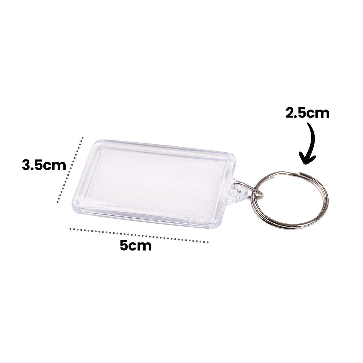A single Zart Rectangle Key Ring Tag shown at an angle with dimension annotations. Dotted lines indicate the tag measures "3.5cm" in height and "5cm" in width. An arrow points to the silver split ring with the label "2.5cm" indicating the ring diameter.