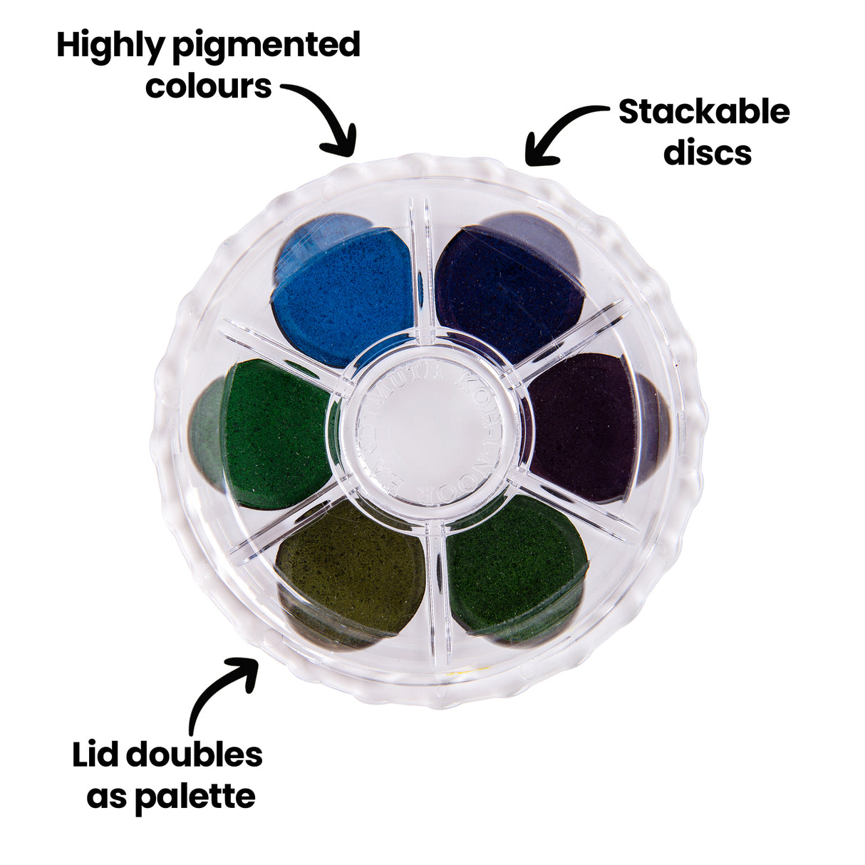 Close-up of circular watercolour discs in a clear plastic palette with deep blue, green, and earthy tones. Annotation text reads “Highly pigmented colours”, “Stackable discs”, and “Lid doubles as palette”, with arrows pointing to the palette features