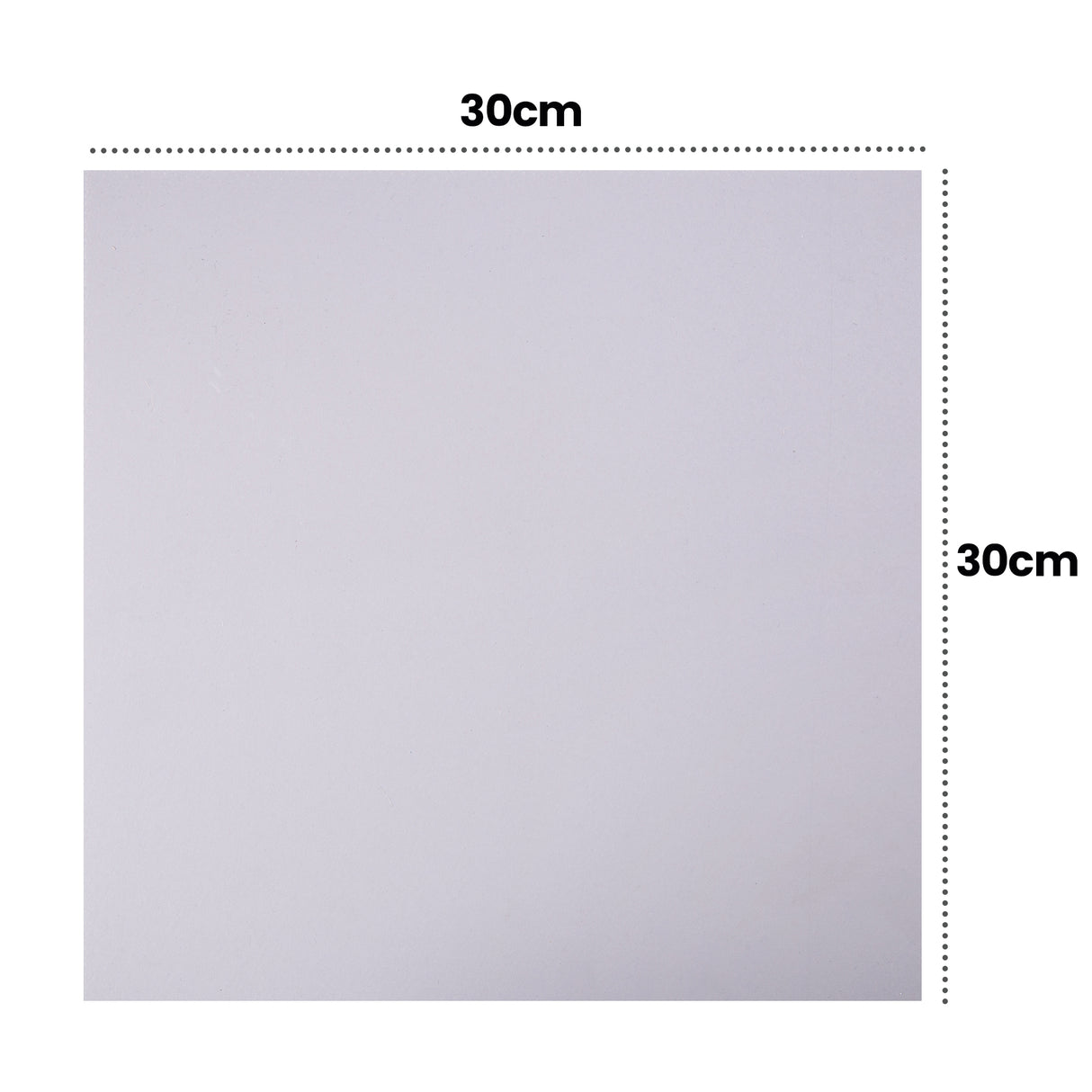 Square lino tile shown with dotted measurement guides and the text 30cm along the top and right edges. The tile surface appears smooth and evenly coloured in pale grey, indicating a 30cm by 30cm square format.