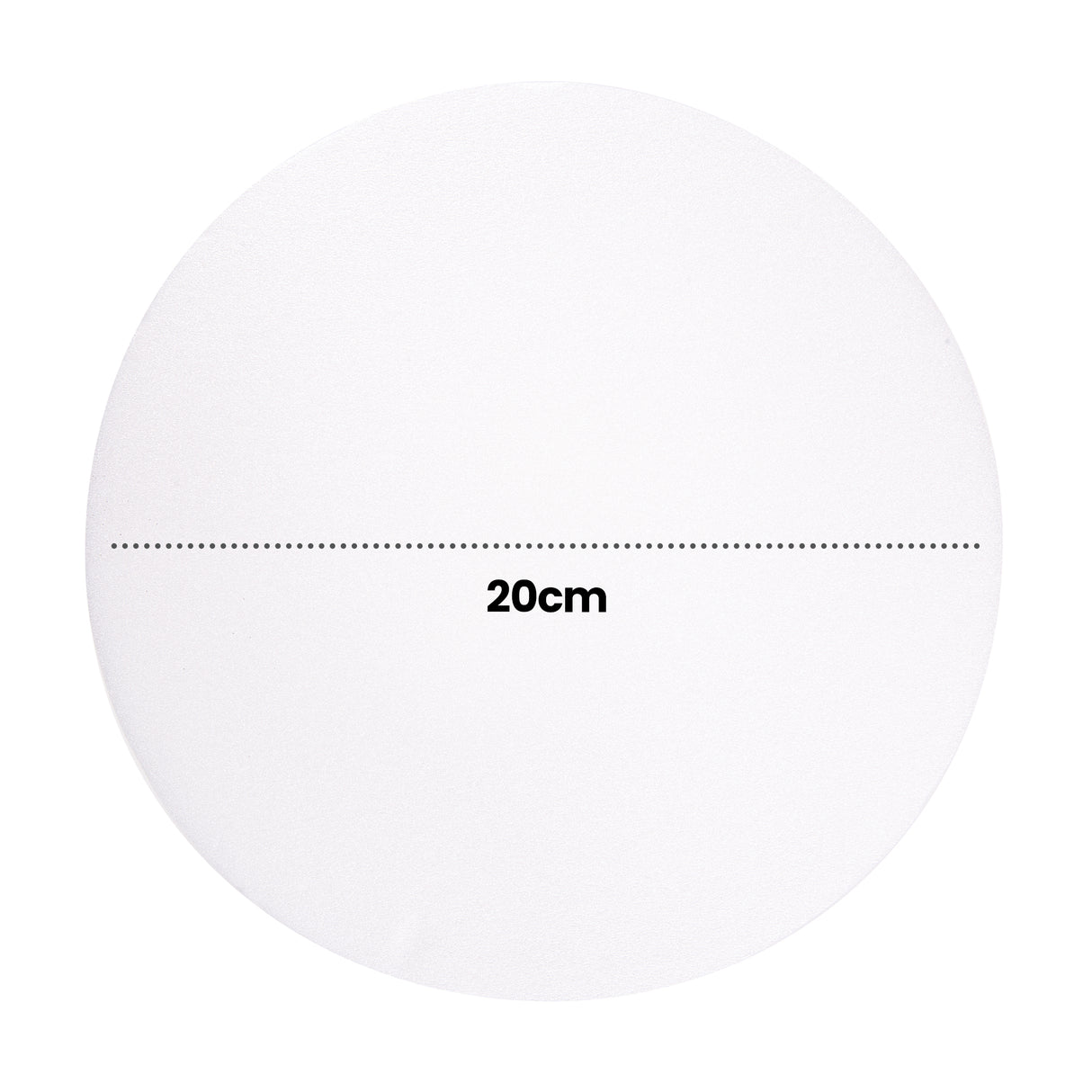 An annotated view of a single Zart Printing Foam Round, a plain white circular disc with a smooth, slightly textured surface, shown against a white background. A dotted line runs horizontally across its centre with the annotation "20cm" printed beneath, indicating the round's diameter.