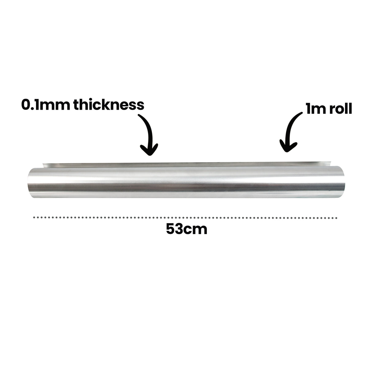Horizontal roll of foil with bold text reading 0.1mm thickness, 1m roll and 53cm. Arrows point to the slim sheet and rolled length. The smooth, reflective aluminium surface demonstrates wide coverage and thin, flexible construction for classroom projects.