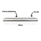 Horizontal roll of foil with bold text reading 0.1mm thickness, 1m roll and 53cm. Arrows point to the slim sheet and rolled length. The smooth, reflective aluminium surface demonstrates wide coverage and thin, flexible construction for classroom projects.