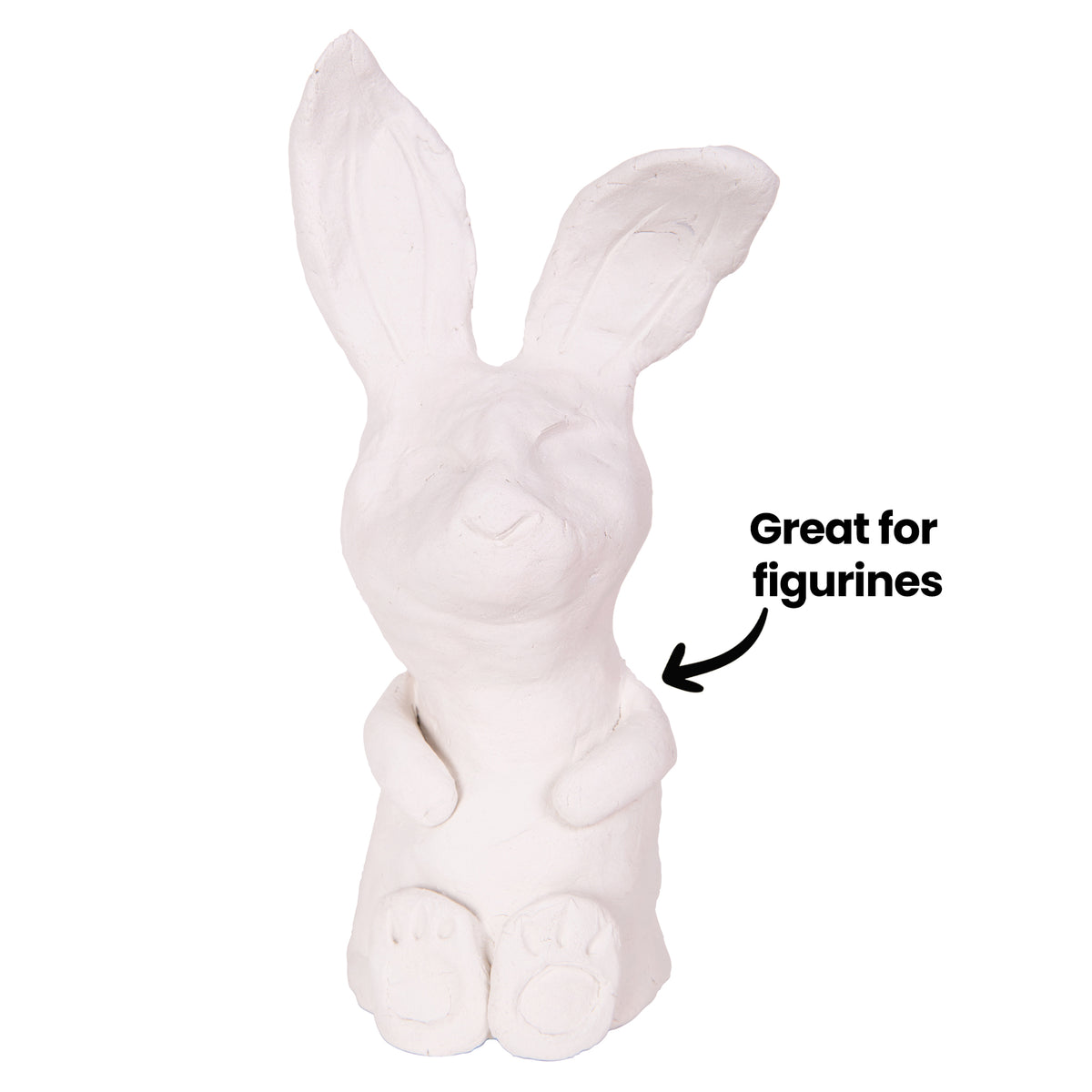 An unpainted white air drying clay rabbit modelled sitting upright, with tall pointed ears, closed eyes, small paws and moulded hind feet showing pad detail. Its surface has a soft matte finish with visible fingermarks. A black annotation reads "Great for figurines" with an arrow pointing to it.